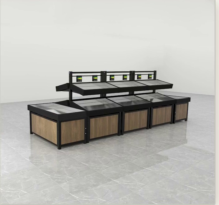 Two-tier produce display island render with black steel frame and wood-look panels